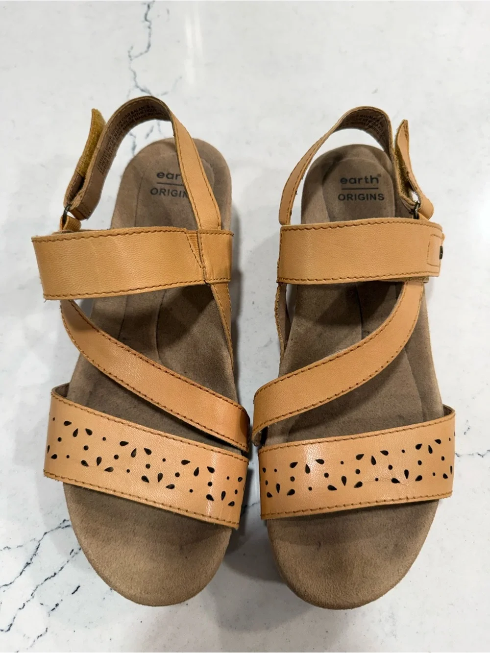 Earth Origins Women’s Gold Tan Leather Strappy Wedge Sandals US 9 M
